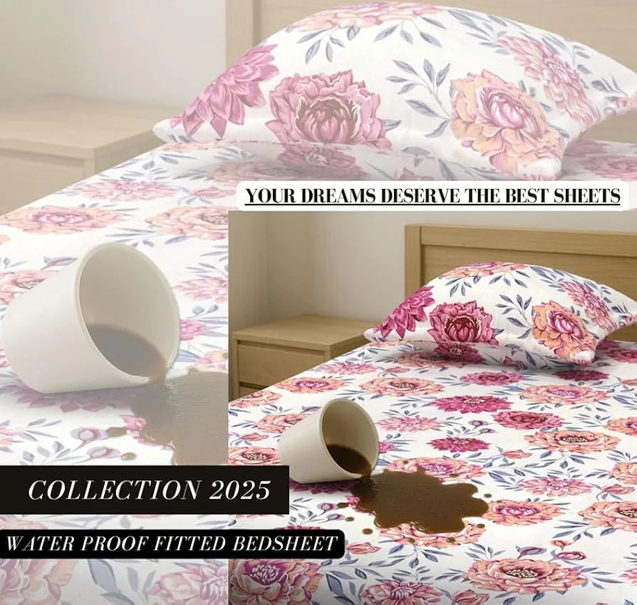 Homekart Waterproof Fitted Bedsheet for King Leakproof Noiseless Skin-Friendly Elastic Bed Sheet with 2 Pillow Covers Pink & White