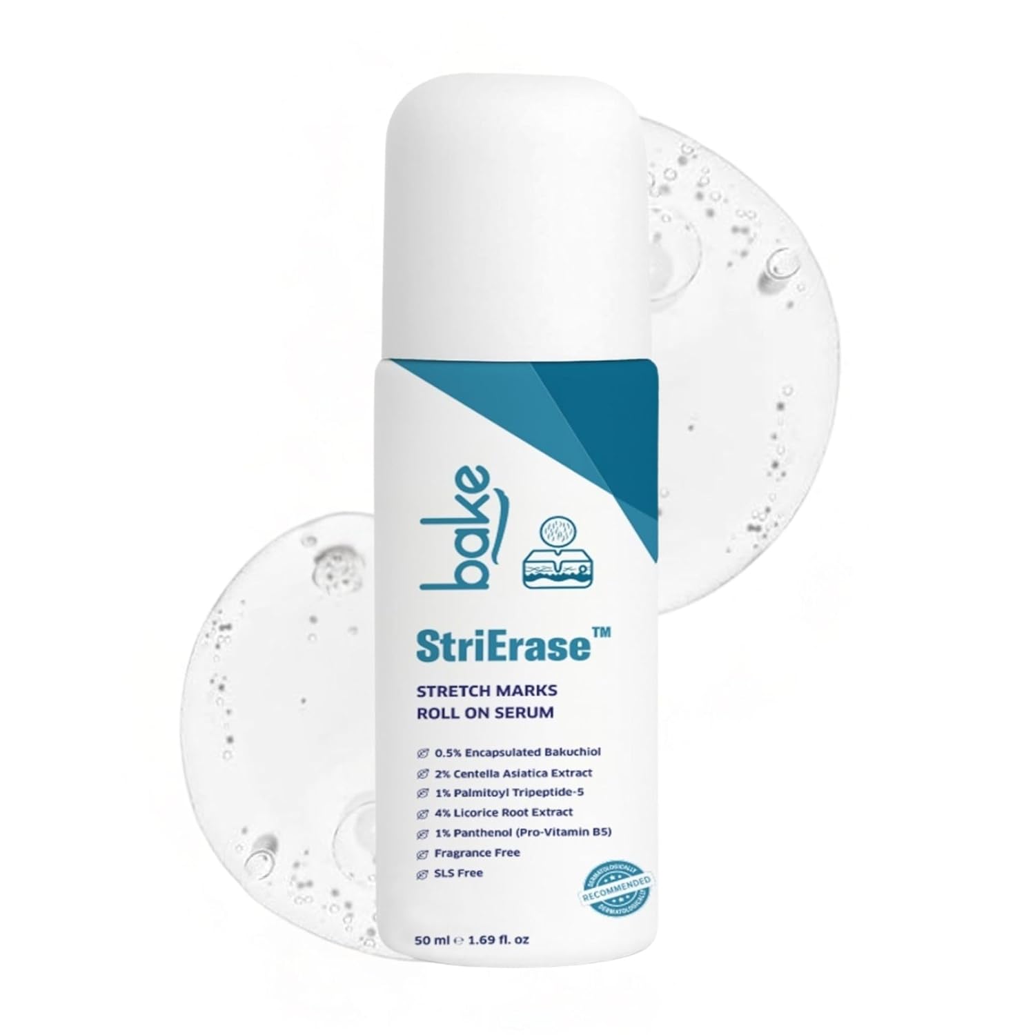 BAKE StriEraseâ„¢ Stretch Marks Removal Roll On Serum | For Pregnancy Use | 0.5% Encapsulated Bakuchiol, 2% Centella Asiatica | Fades Stretch Marks & Scars, Firms Skin & Improves Uneven Skin | Fragrance Free, SLS Free â€“ 50ml