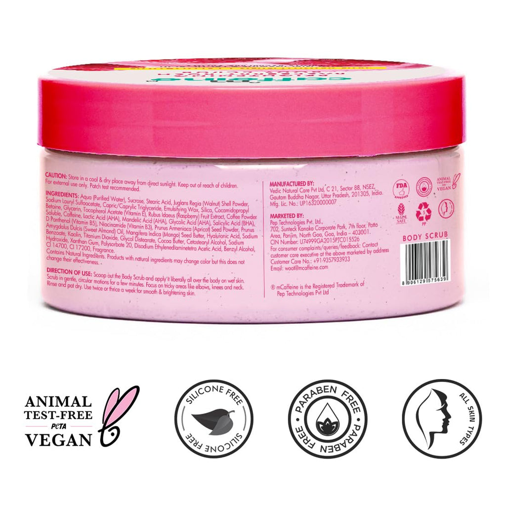 mCaffeine Brightening Raspberry Body Scrub | Tan Removal | AHAs - Lactic & Glycolic Acid, Niacinamide | Vitamin C Rich for Brighter, Soft Skin | Remove Dry, Dead Skin | Fruity Berries Aroma - 175g