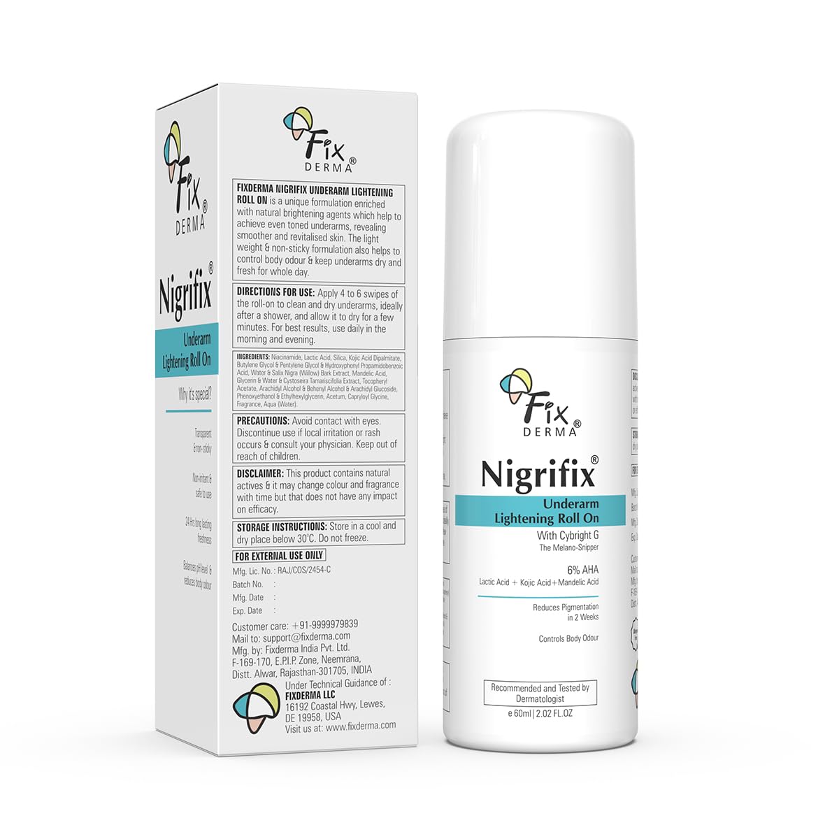 Fixderma Nigrifix Underarm Roll on with 6% AHA, Lactic Acid & 1% Mandelic Acid & Kojic Acid | Brightens Skin & Exfoliates Underarm | For All Skin Type, Men & Women - 60ml