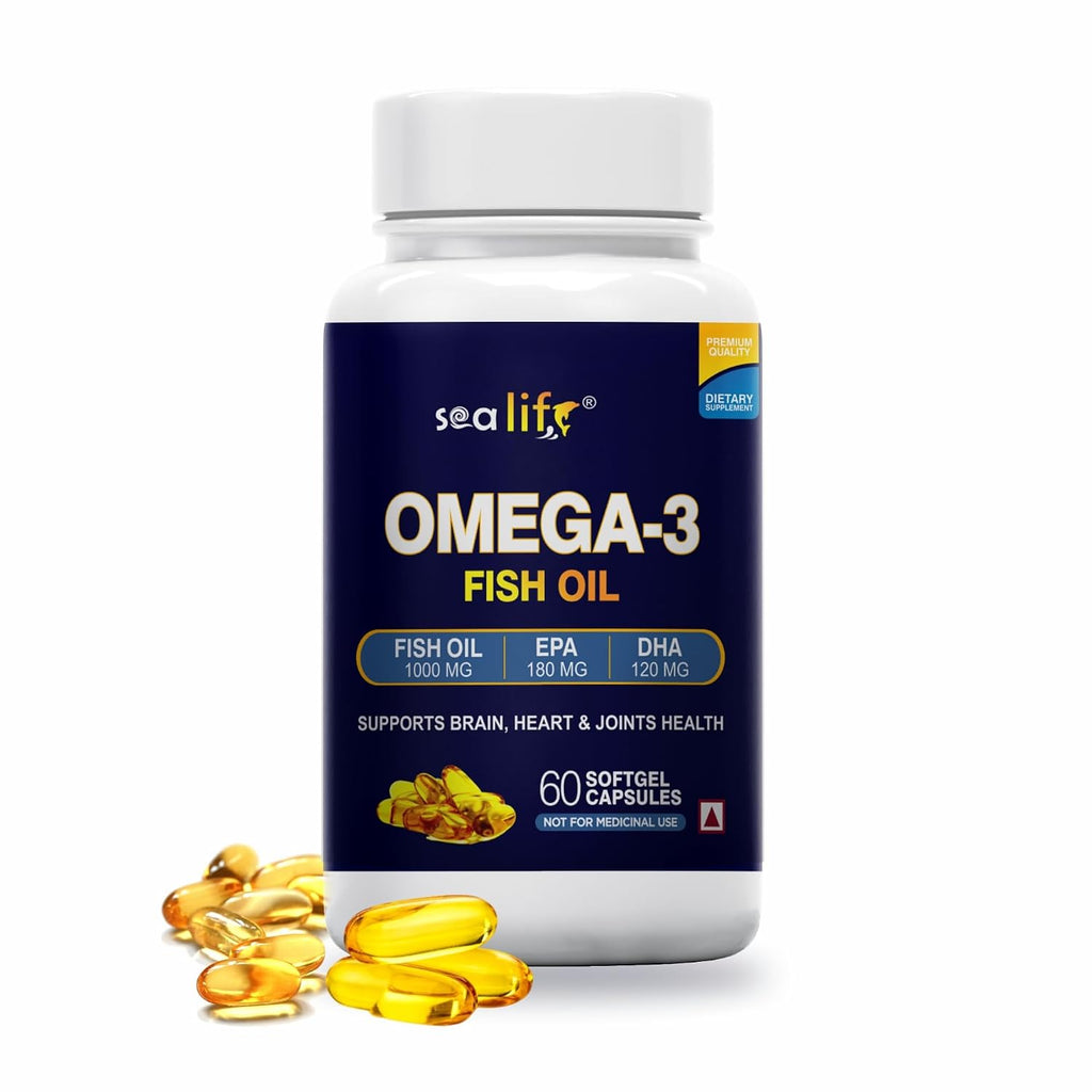 Sea Life Omega 3 Fish Oil 1000 Mg Fatty Acid Capsules | 180 Mg EPA & 120 Mg DHA | Pack of 1 (60 Softgels Capsules)| Supports Healthy Heart, Joints, Skin, Brain & Eyes | For Men & Women
