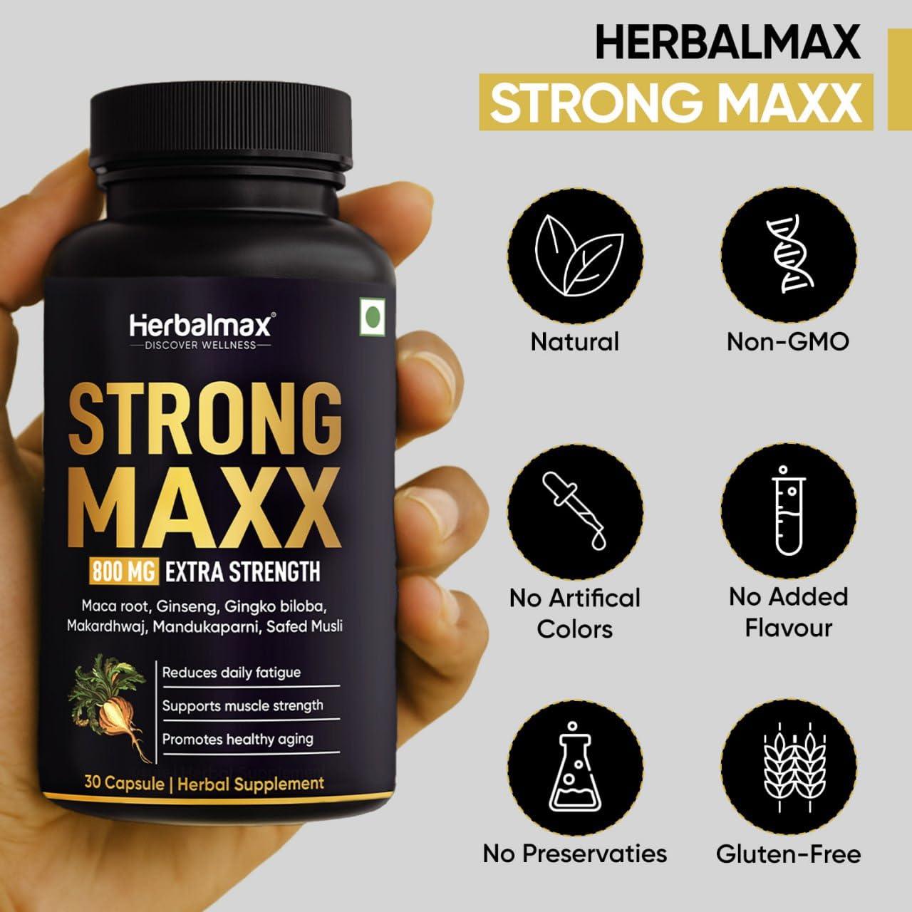 Herbal Max Strong Maxx Maca Root Capsules â€“ 800 mg | 30 Vegetarian Capsules | Natural Energy & Vitality Booster | Ayurvedic Supplement for Men & Women
