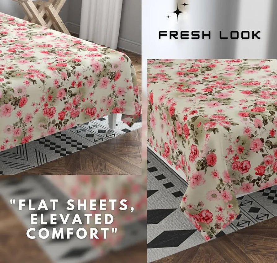 HomeKart Floral Printed Cotton Feel Double Bedsheet with 2 Pillow Covers 200 Tc Soft Premium Printed Bedsheet for Home Bedroom Green & Pink