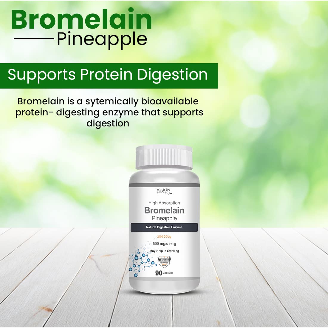 Vokin Biotech Bromelain Pineapple Digestive Enzyme- 2400 GDU/g - 500 mg | 90 Capsules (Pack of 1)