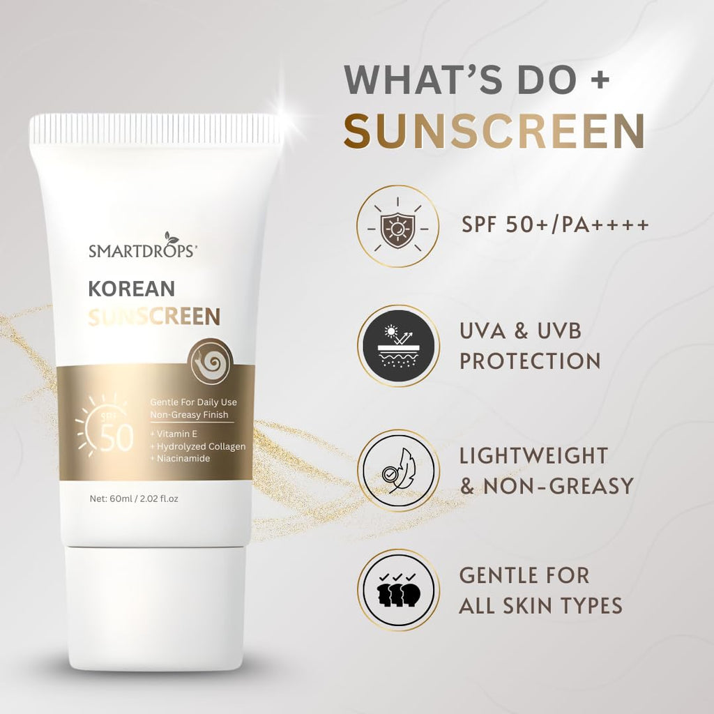 Smartdrops Korean Sunscreen SPF 50 Broad Spectrum UV Protection Lightweight Face & Body Suncream Non Greasy Daily Use For All Skin Types- 60ml (Pack 1)