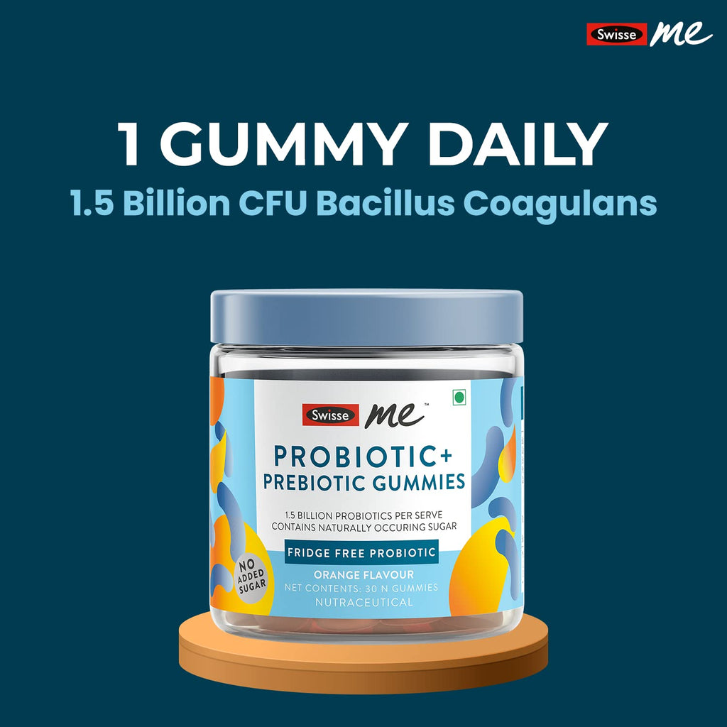 SwisseMe Probiotics Prebiotic Gummies - Probiotic Supplement With 1.5 Billion CFU, Zero Added Sugar Fridge Free Probiotic - 30 Gummies (One Gummy Per Serving, Orange Flavour)