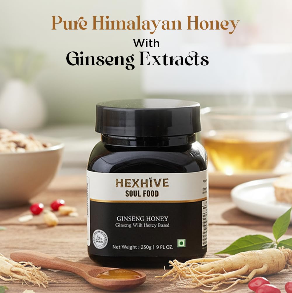 Hexhive Ginseng Honey | Raw Honey Infused with Ginseng Extract | Ayurvedic Energy & Stamina Booster | Immunity, Focus & Vitality Support | Natural Sweetener | No Added Sugar | 250g
