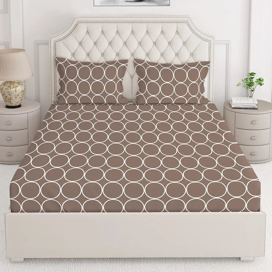 Layers Classic Cotton Bedsheet Set for All Seasons Lightweight 104 TC Queen Size Brown Circle Geometry Pattern