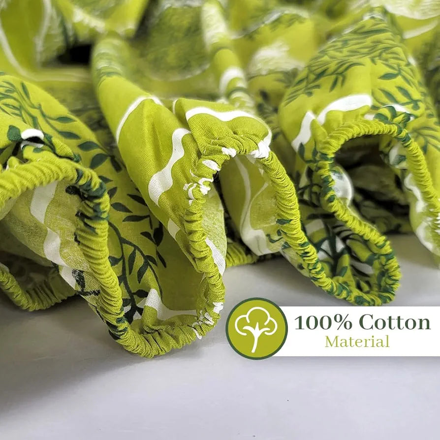 Divine Casa 144 TC Floral Green 100% Cotton Elastic Fitted Bedsheet for Double Bed with 2 Pillow Covers Colour Green