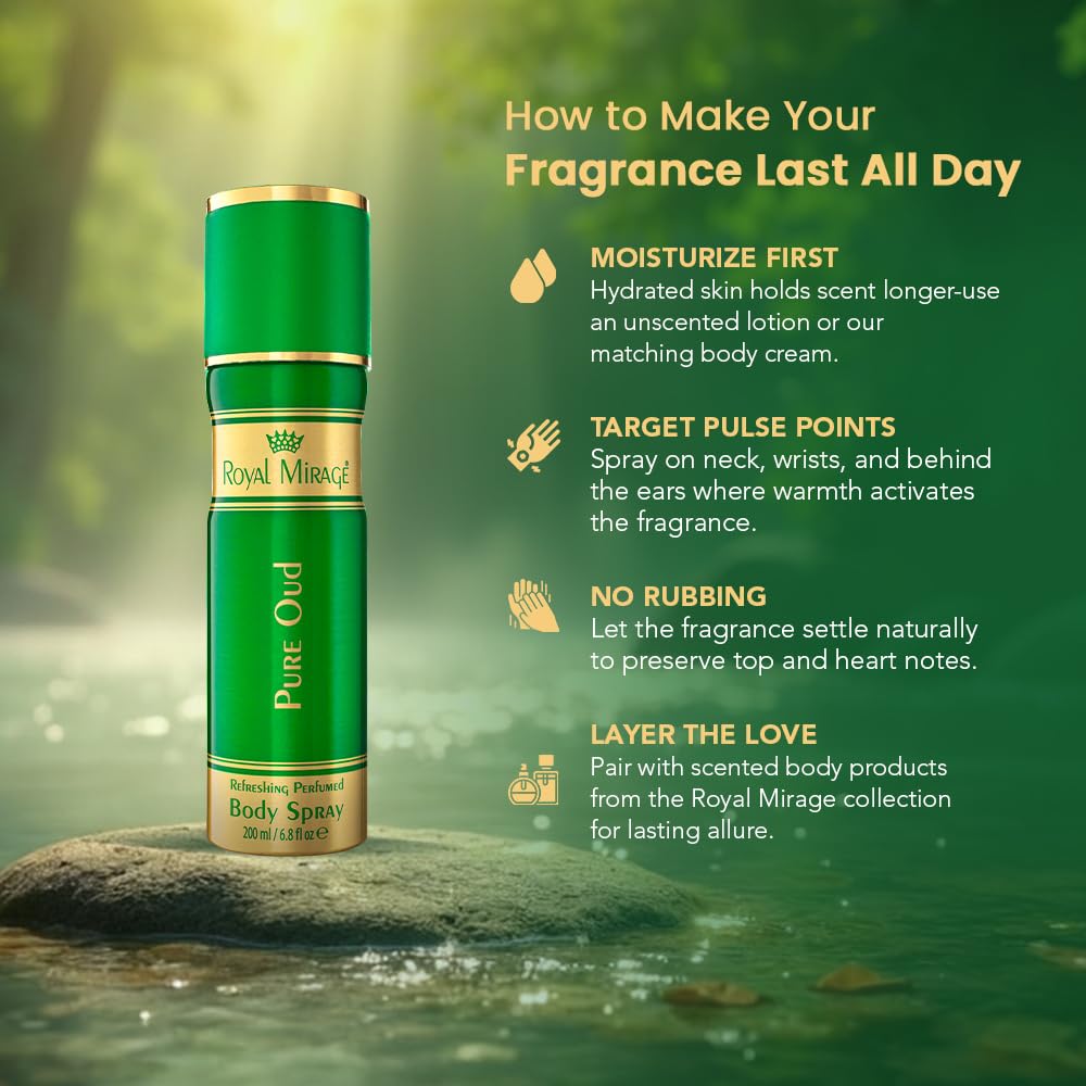 Royal Mirage Pure Oud Body Spray | Long-Lasting Unisex Perfume | Oud, Leather & Saffron Notes | Bold & Captivating Luxury Fragrance | Exotic & Sophisticated Scent | Gift for Men & Women | 200ml