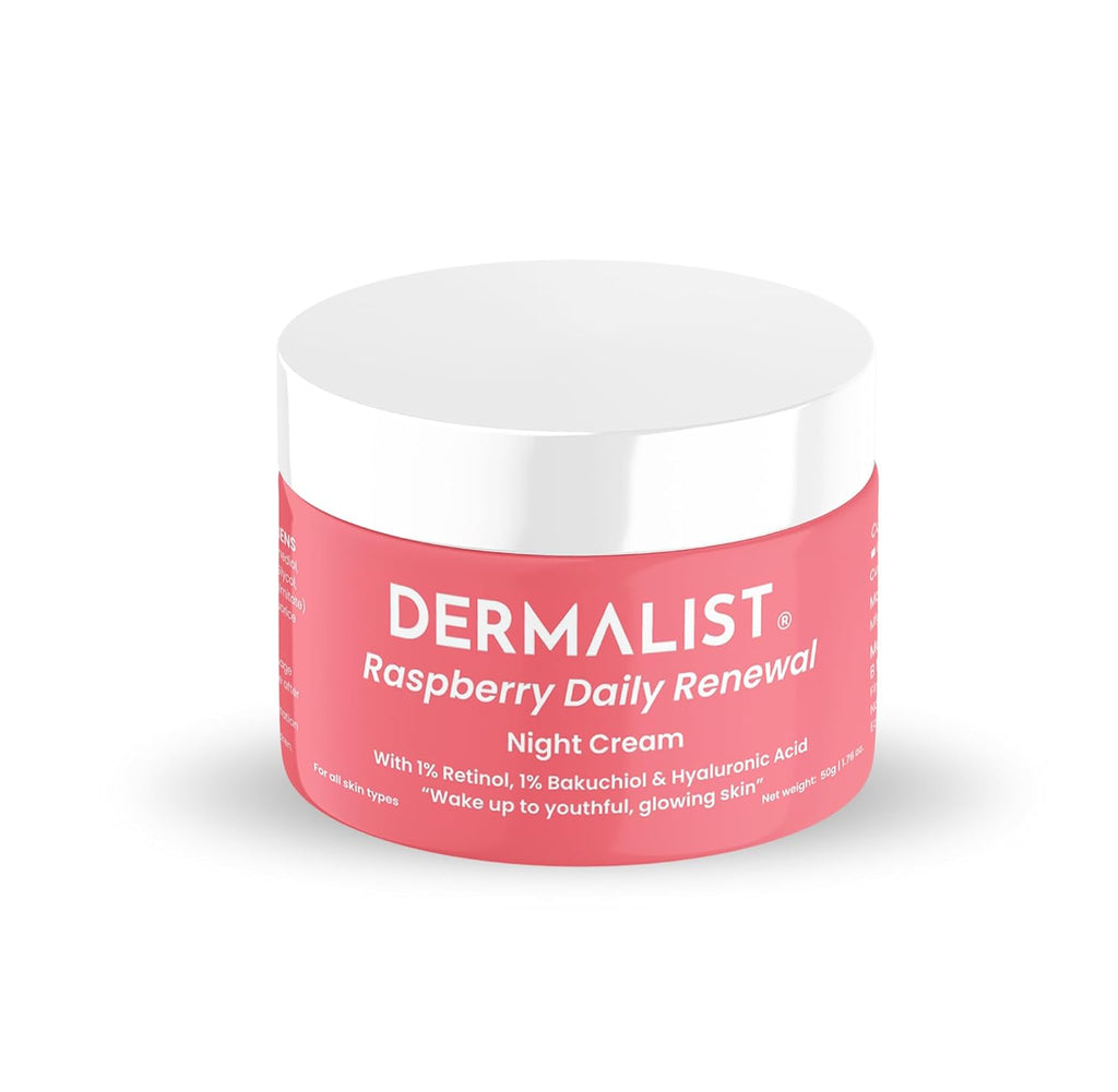 Dermalist Raspberry Daily Renewal 1% Retinol & 1% Bakuchi Oil Anti Ageing Night Cream | Reduces Fine Line & Wrinkles | For Men & Women | 50 G