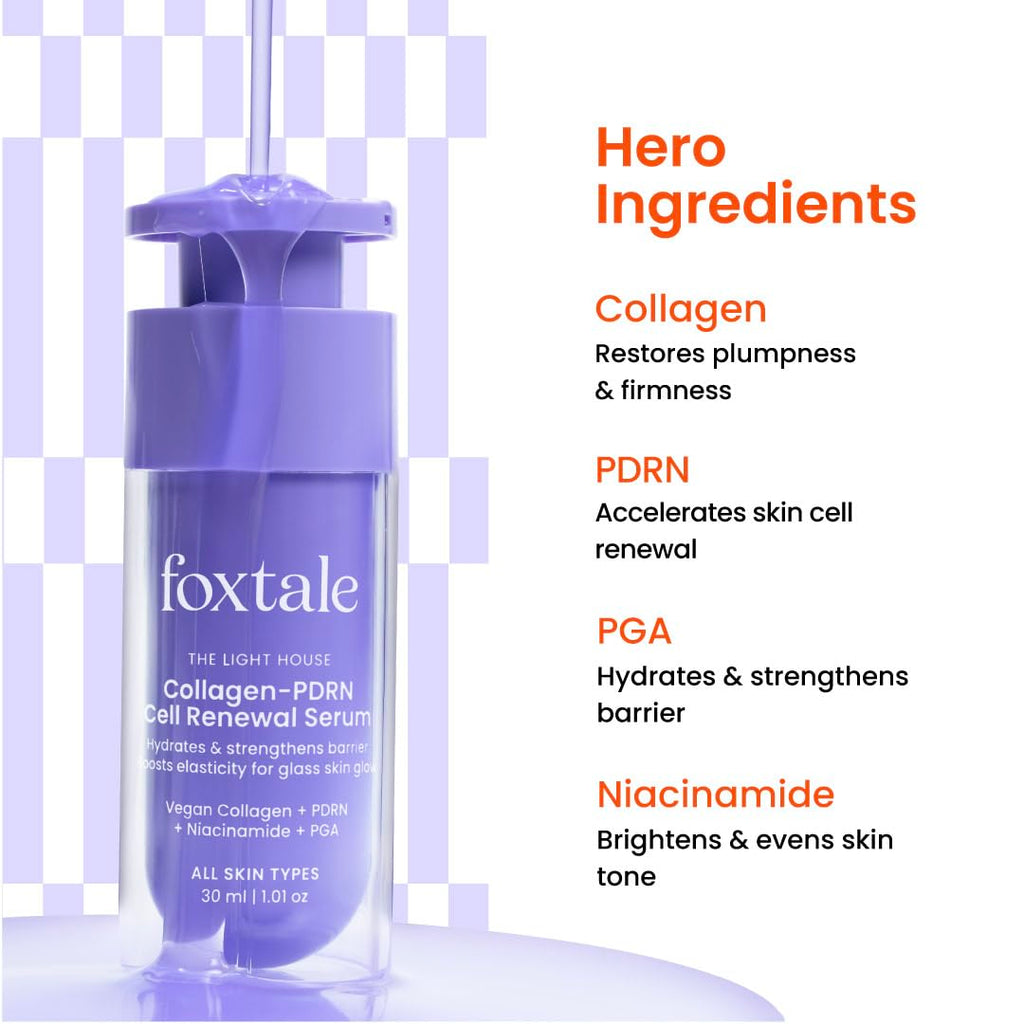 Foxtale Collagen-PDRN Cell Renewal Serum | Collagen + PDRN + Niacinamide + Polyglutamic Acid | Boosts Cell Renewal, Firms & Plumps Skin, Deeply Hydrates & Strengthens Barrier for Smooth, Glass-Skin Glow | For All Skin Types | 30 ml