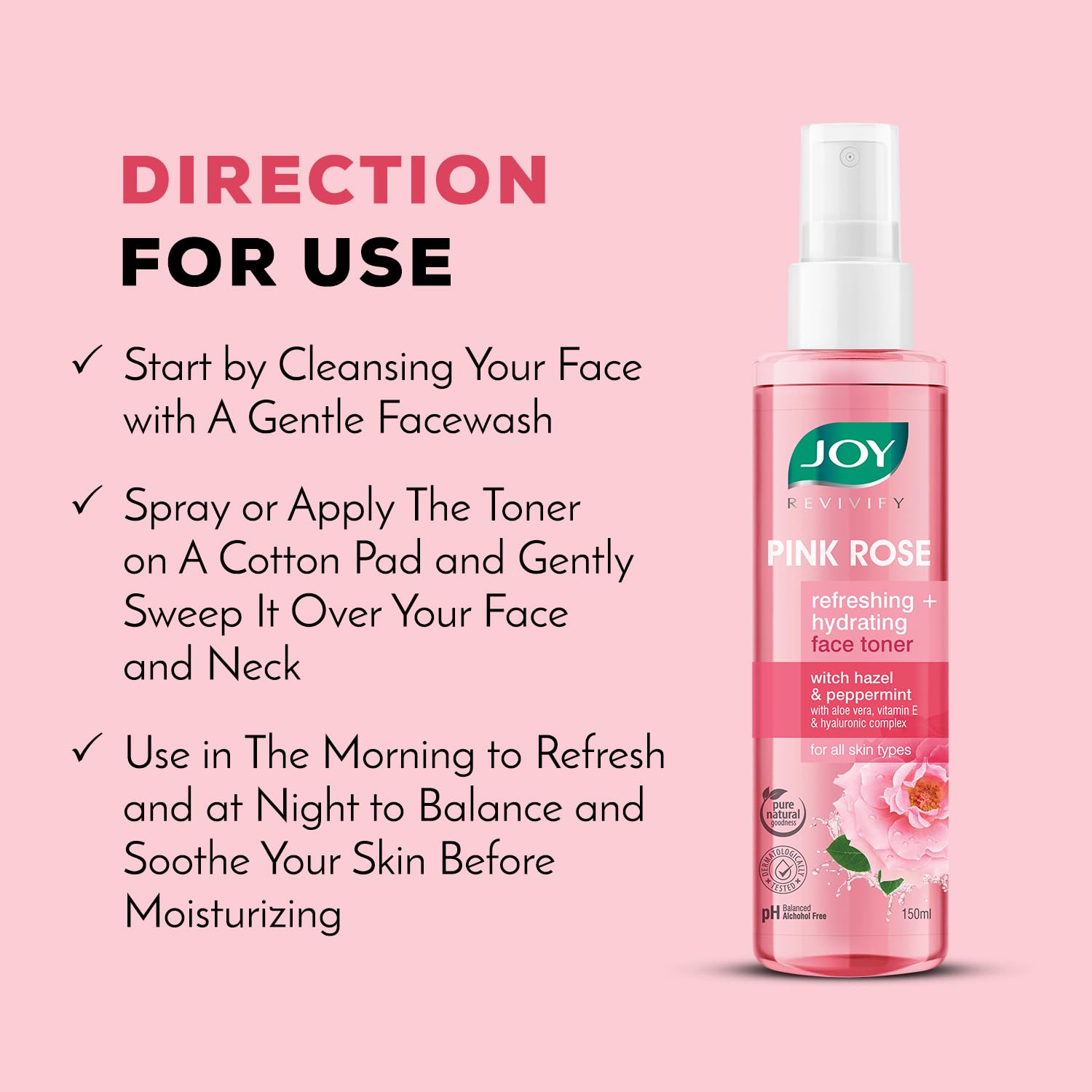Joy Pink Rose Water Toner with Vitamin E, Hyaluronic Acid & Aloe Vera for Hydrating & Refreshing Skin (150ml) | Alcohol Free Toner with Natural Rose Aroma | Get Glowing Skin for All Skin Types