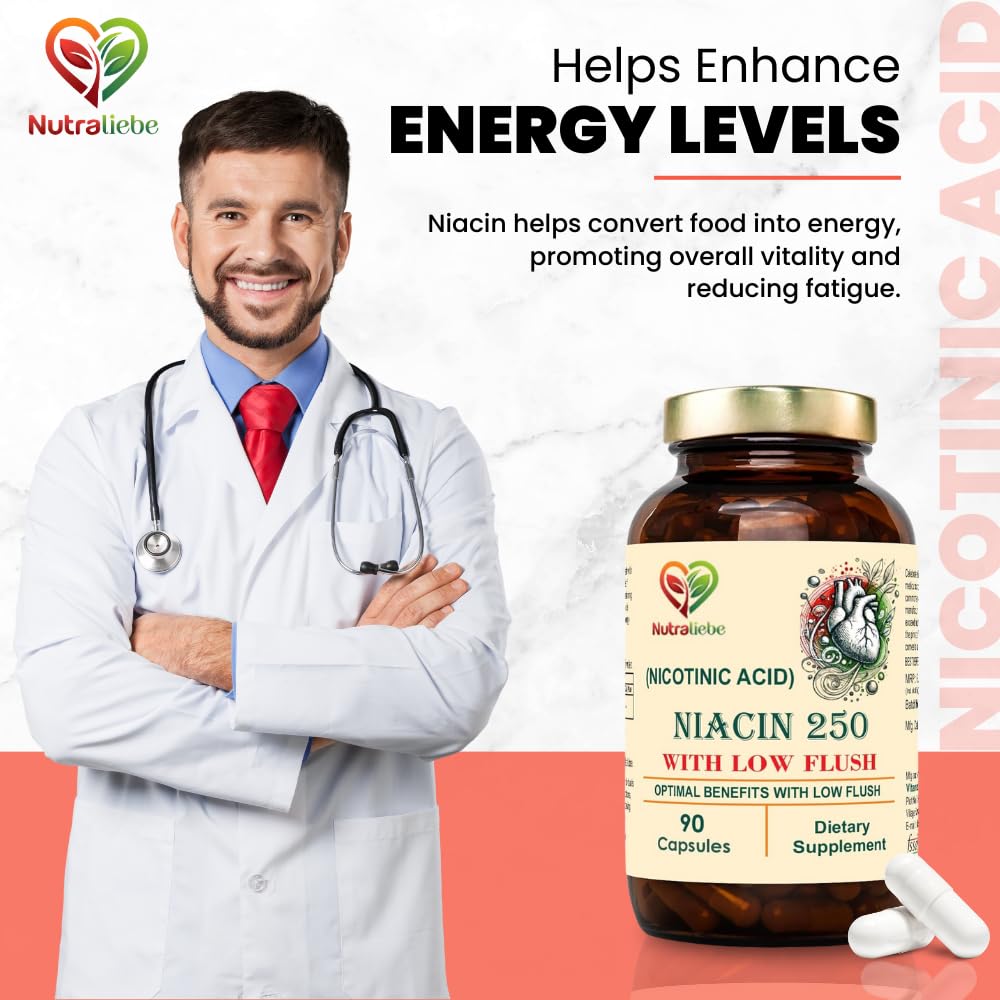 Nutraliebe Niacin Nicotinic Acid - Moderate Dose, Low Flush Formula, 90 Capsules for Cardiovascular and Energy Support