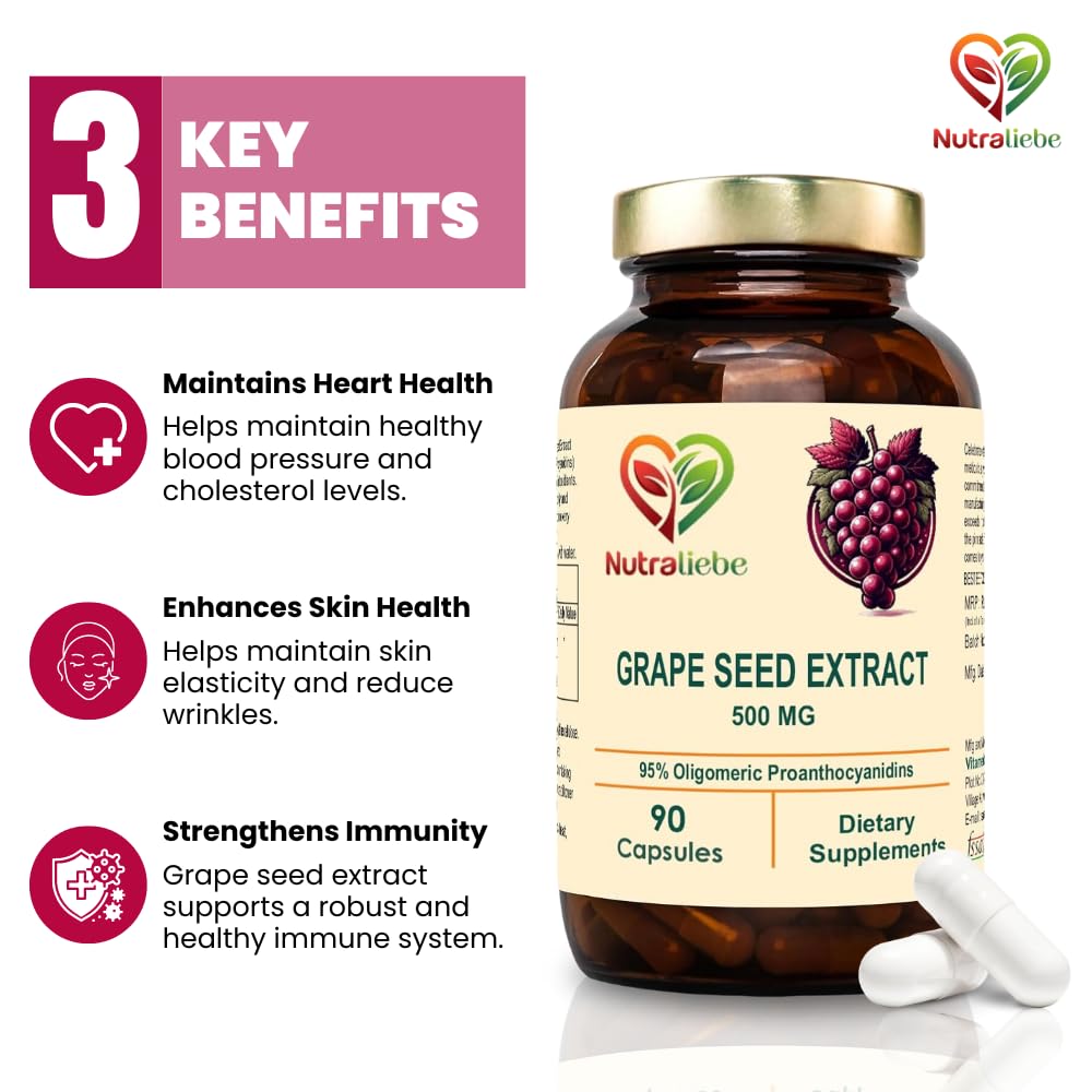 Nutraliebe OPC Grape Seed Extract Capsules - Minimum 95% OPCs, Powerful Antioxidant Support, 90 Capsules