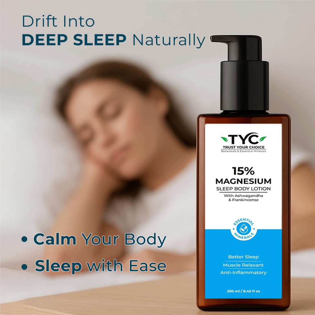 TYC Trust Your Choice Magnesium Sleep Body Lotion, 15% Magnesium Chloride with Ashwagandha and Frankincense Oil, Magnesium Lotion For Sleep For, Magnesium Lotion For Muscle Recovery, Relaxation, No Added Fragrance - 250ml