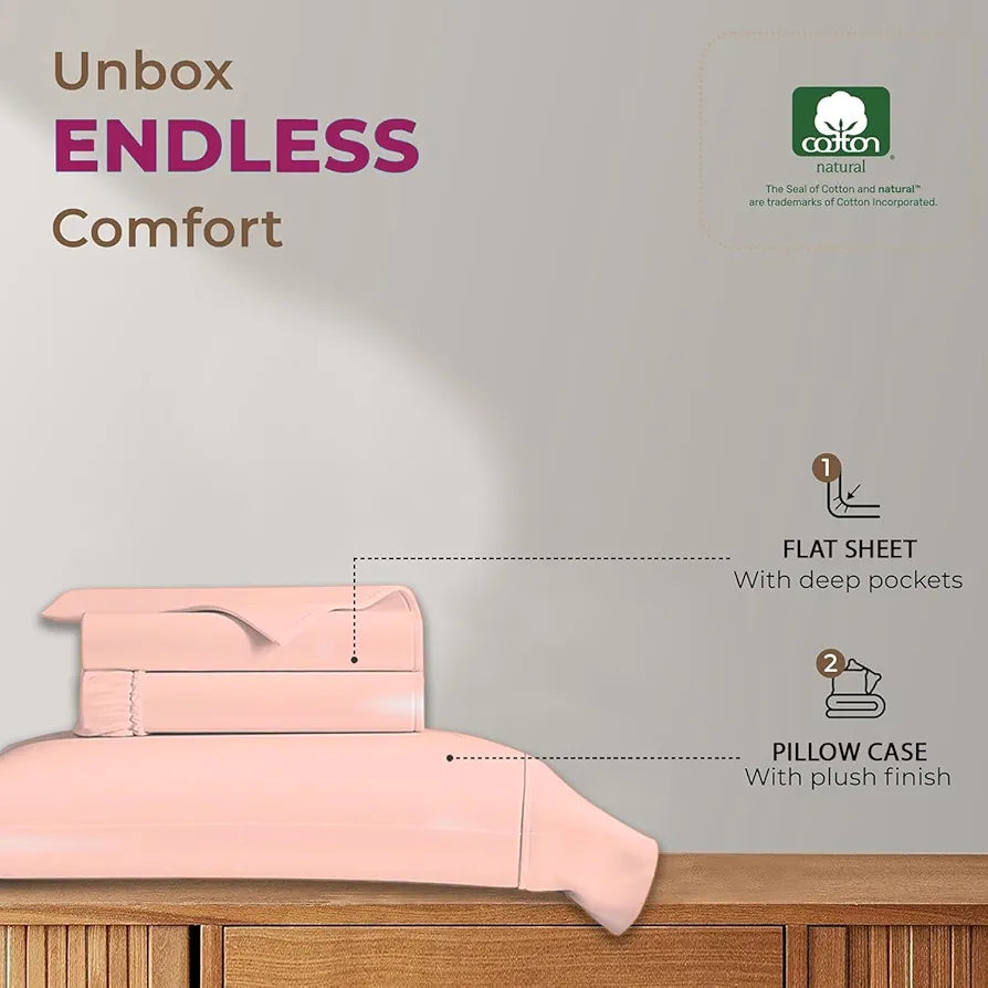 Trance Home Linen 100% Cotton 78x60 inch Queen Elastic Fitted Bedsheet 400TC Premium Queen Double Bed Size with 2 Pillow Covers Colour Blush Peach