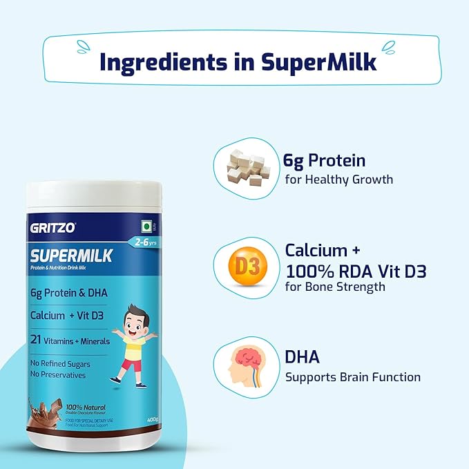 Gritzo SuperMilk Overall Growth (2-6y) 6g Protein Powder Double Chocolate - 400 gms