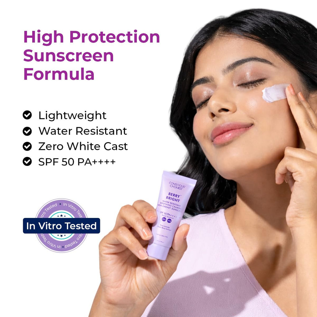 Conscious Chemist® Sunscreen SPF 50 PA++++ In-Vivo Tested | 20g | For Oily Skin, Gel Sunscreen, Niacinamide Sunscreen with Black Berry Extract, Hybrid Lightweight, Water Resistant, All Skin Types - Berry Bright