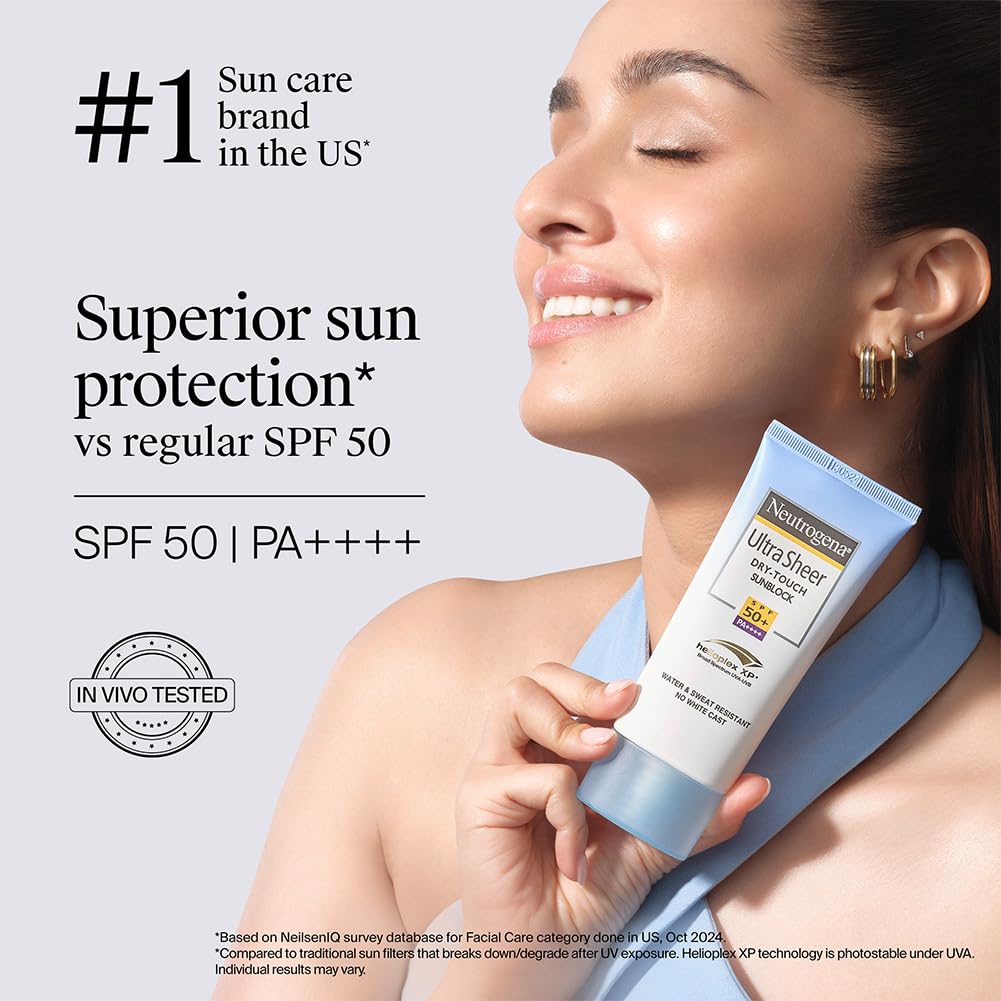 Neutrogena Ultra Sheer Sunscreen SPF 50+ | Broad Spectrum UVA/UVB | Blue light protect | No White Cast | Water resistant, Ultra light & Non sticky | Oily, Dry & Sensitive Skin | 30 g (Pack of 1)