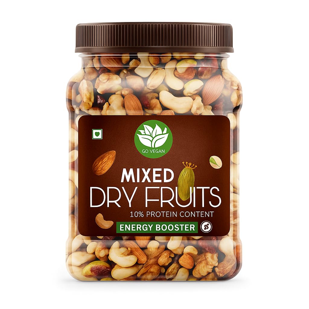 Go Vegan Healthy Nutmix 100gm, Dried Almonds, Black Raisins, Cashewnuts, Cranberries, Black Dates & Many More. (Jar Pack)
