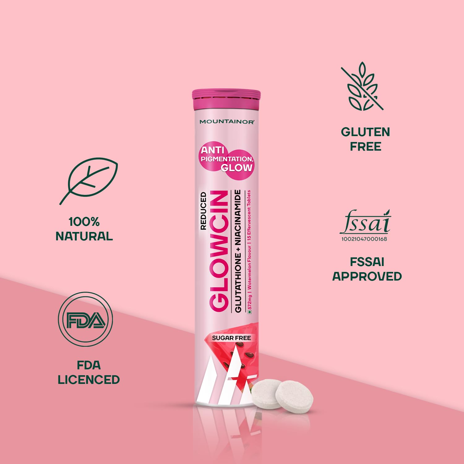 MOUNTAINOR Glutathione Tablets for Skin Brightening & Korean Glow. Fights Pigmentation & Dullness, Clinically Proven Ingredients-Niacinamide & Vit C Helps reduce Melanin, Clearance Healthy & Radiant Skin, Sugar-free Pack of 1 ( 15 Tablets)