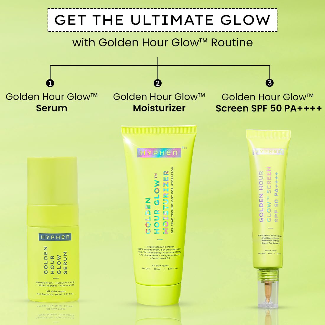 Hyphen Golden Hour Glow Sunscreen Spf 50 Pa++++ Dewy Glow & Bright Skin| Vitamin C Rich-10% Kakadu Plum & Peptides| Winter Sunscreen Moisturizer for Women & Men|Lightweight & Non Greasy, Uv & Blue Light Protection|Dry & All Skin Types - 40G