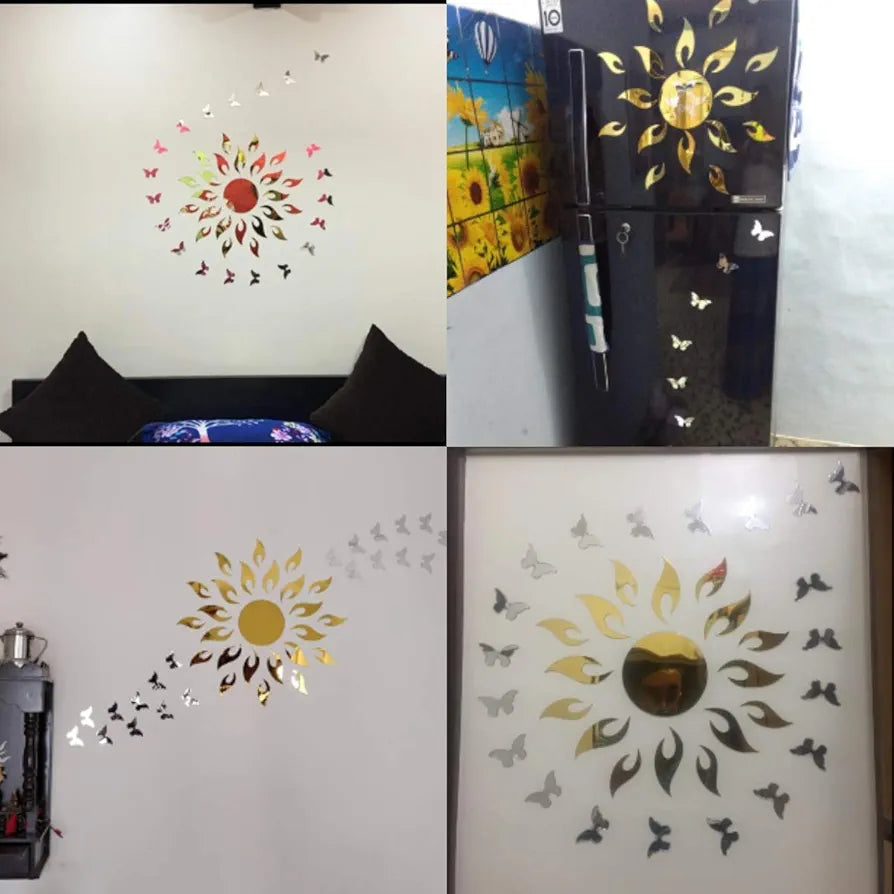 Bikri Kendra Art BK1OLK Sun Silver with 20 Butterfly Golden 3D Acrylic Mirror Wall Sticker