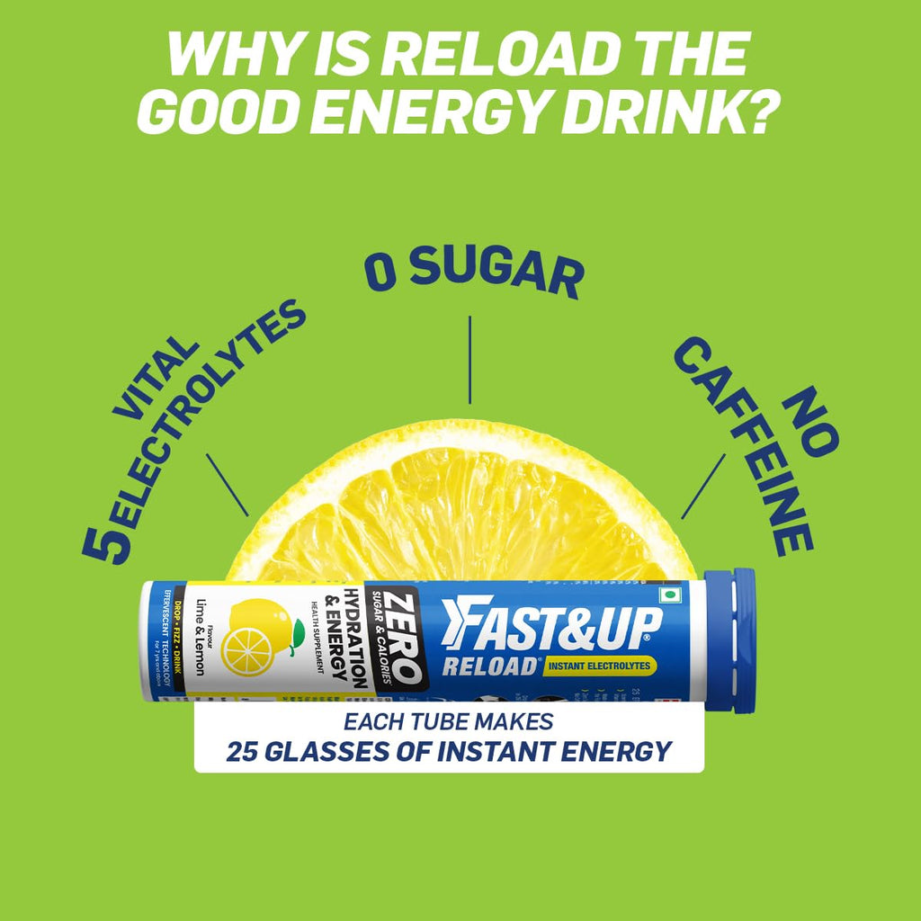 Fast&Up Reload Zero - Zero Sugar Instant Energy & Hydration Drink - Lime Lemon Flavour - 25 Effervescenet Tablets