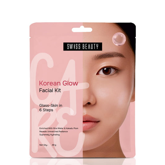 Swiss Beauty Care Korean Glow Facial Kit | 6-Steps For Glass-Skin | Adds Instant Radiance | Fades Dark Spots | Clarifies & Nourishes | With Kakadu Plum & Rice | 49g