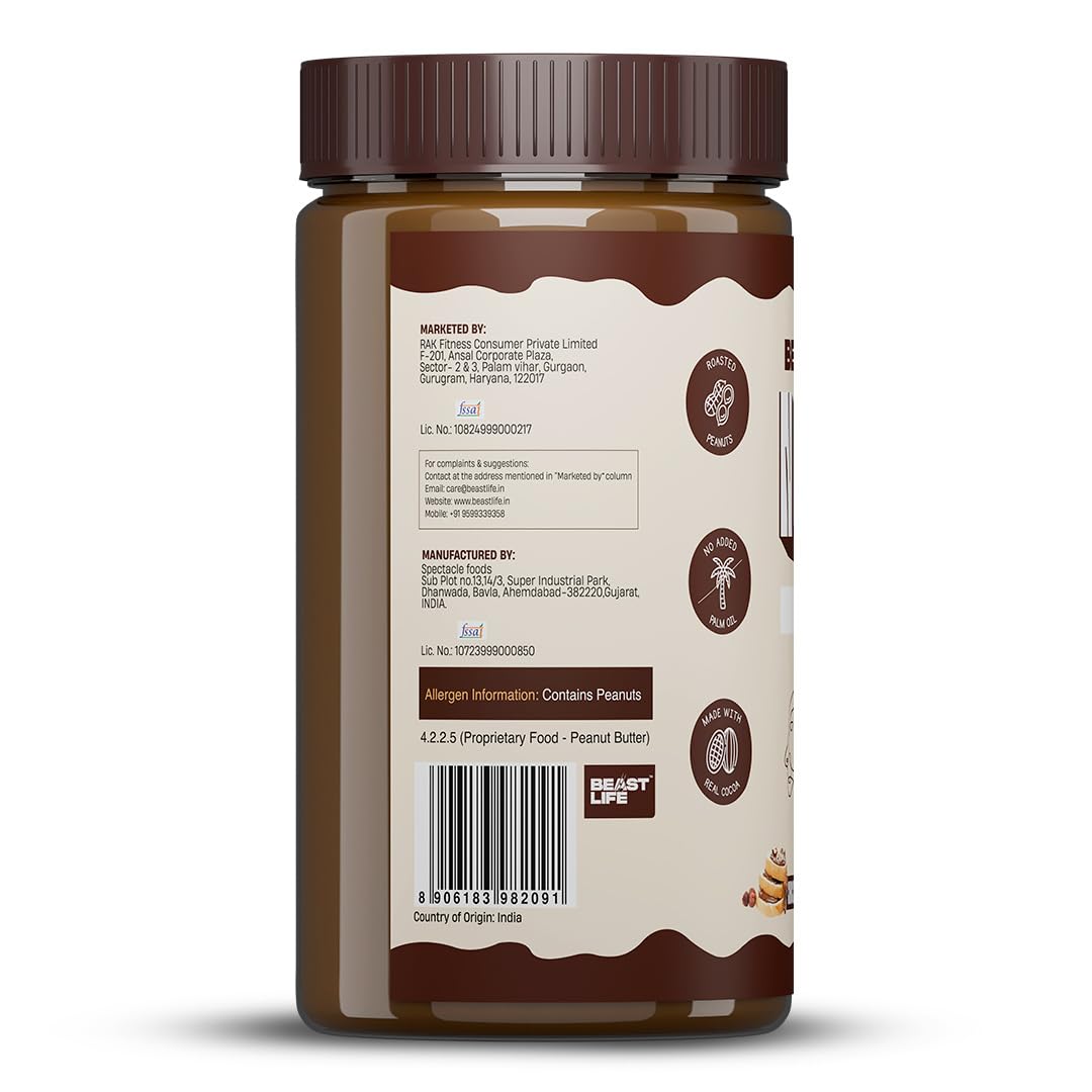 BeastLife Crunchy Chocolate Peanut Butter | 24.5 G Protein | 800 gm | 100% Peanuts, High Protein | Zero Palm Oil | Non‑GMO Nut Butter | Fitness-Friendly Spread | Zero Cholesterol