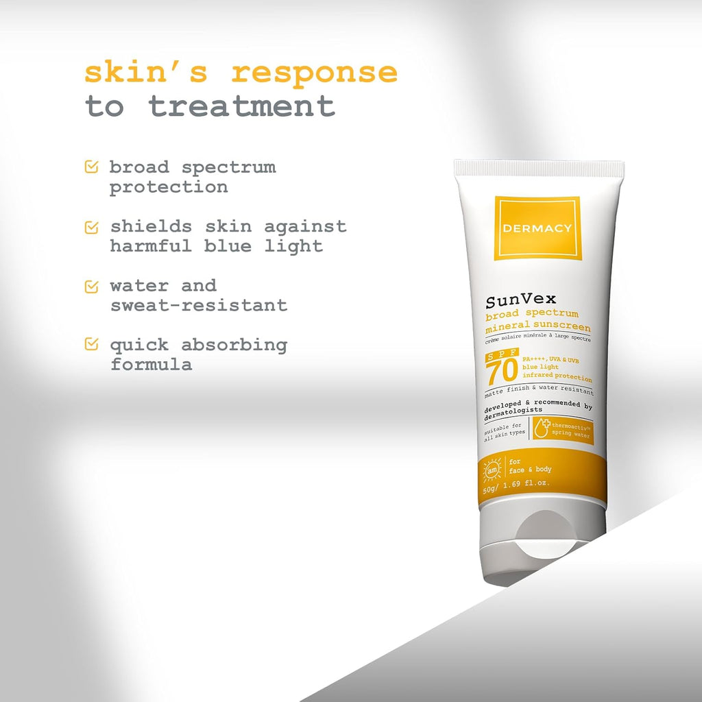 Dermacy Sunvex | Broad - Spectrum Mineral Sunscreen | SPF 70, PA++++ | Effective Coverage From Sun Rays | Suitable For All Skin Types | For Women and Men| 50g