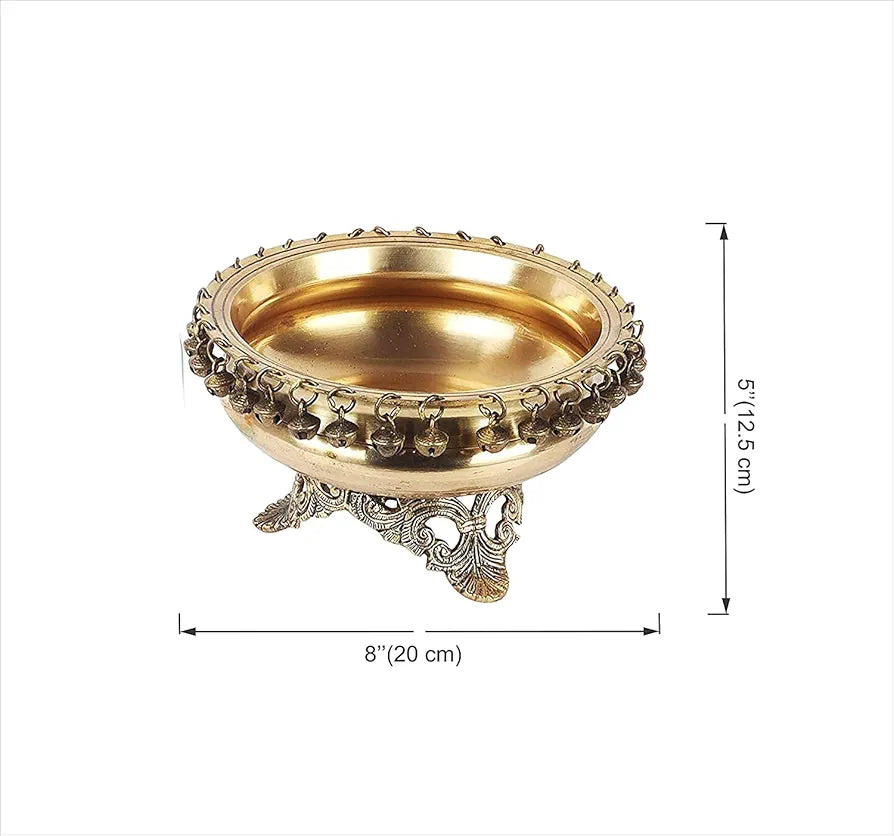 Two Moustaches Brass 8 Inches Urli Bowl on Ethnic Carved Legs Brass Bowl Standard