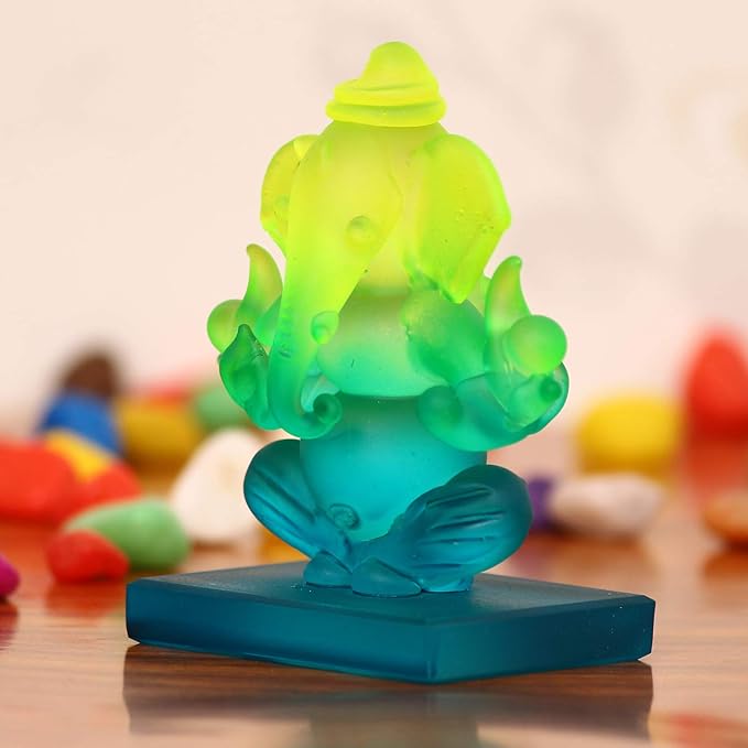 Ecraftindia Green and Blue Double Sided Crystal Car Ganesha Showpiece