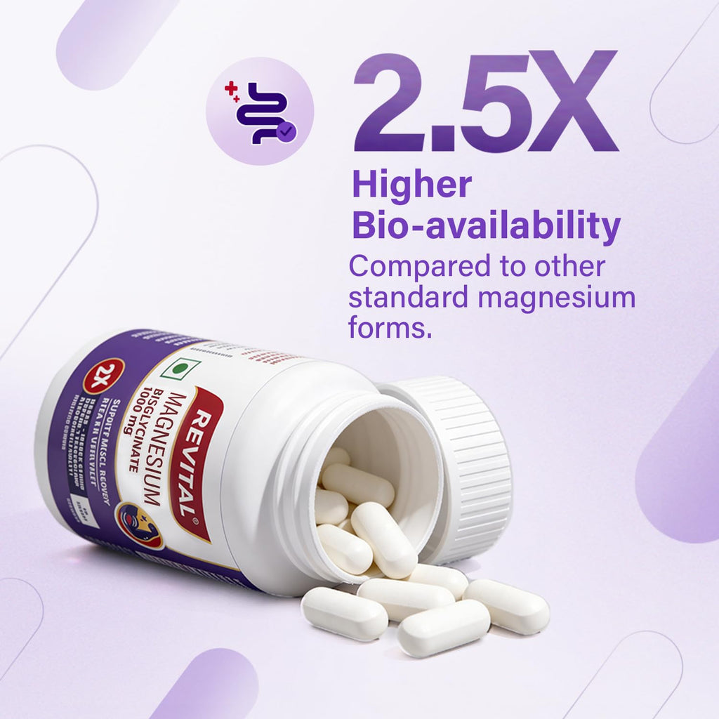 Revital Magnesium Bisglycinate | Chelated |100% RDA | 440mg Elemental Magnesium| 13% Higher Absorption| Scientifically crafted for both men & women | 2.5X Higher Bioavailability | Muscle Recovery & Stress Relief | Restful Sleep Support | 60 Tablets