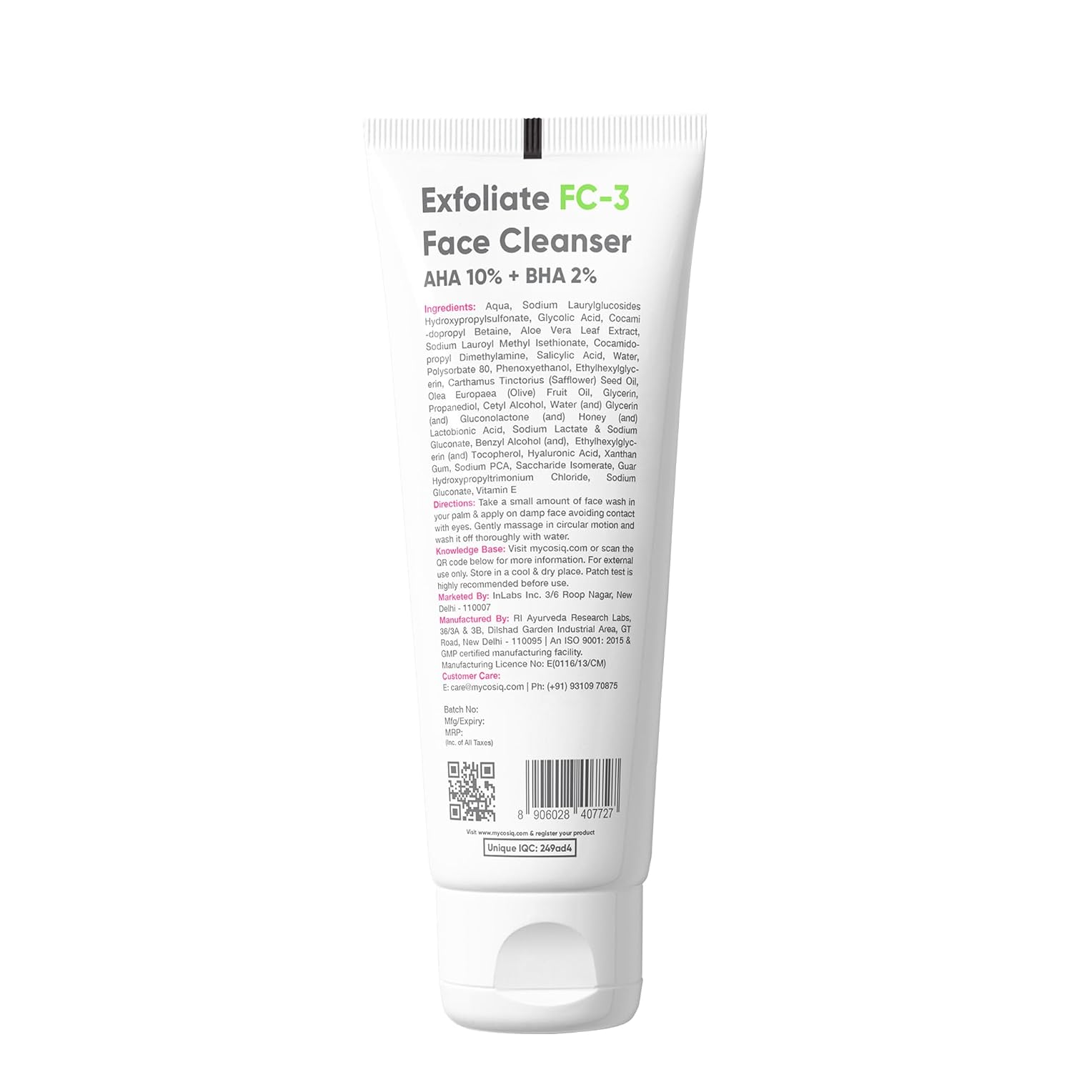 Cos-IQ Exfoliating Face Wash for Oily & Dry Skin | 2% Salicylic Acid BHA & 10% Glycolic Acid AHA | Sulphate-Free Anti-Acne Face Cleanser for Acne, Pimples, Skin Brightening, Dirt & Oil Control | 100ml