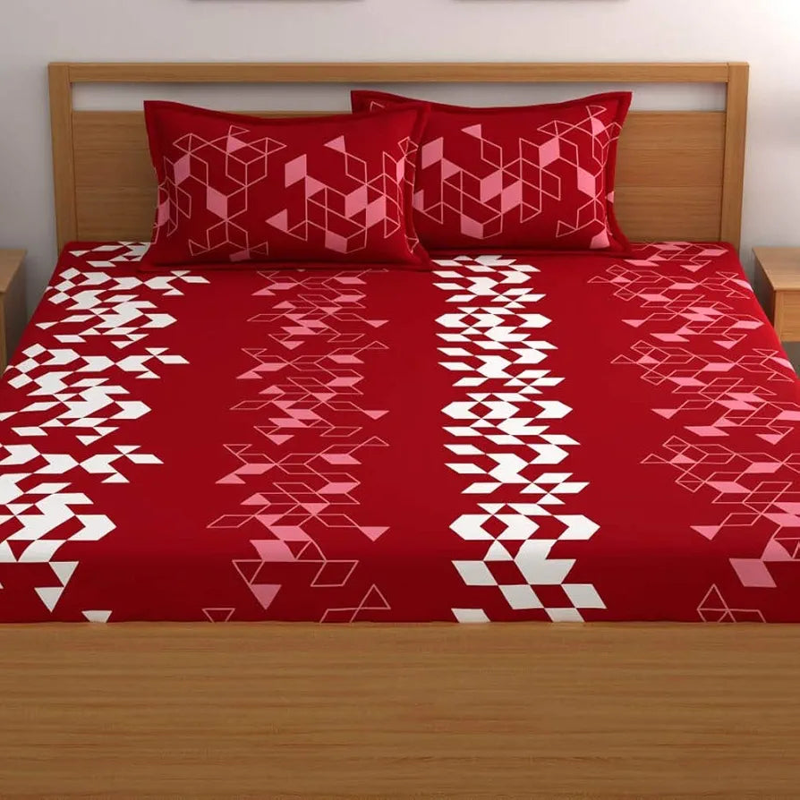 Dreamscape Cotton King Fitted Bedsheet with 2 Pillow Covers Maroon Scatter