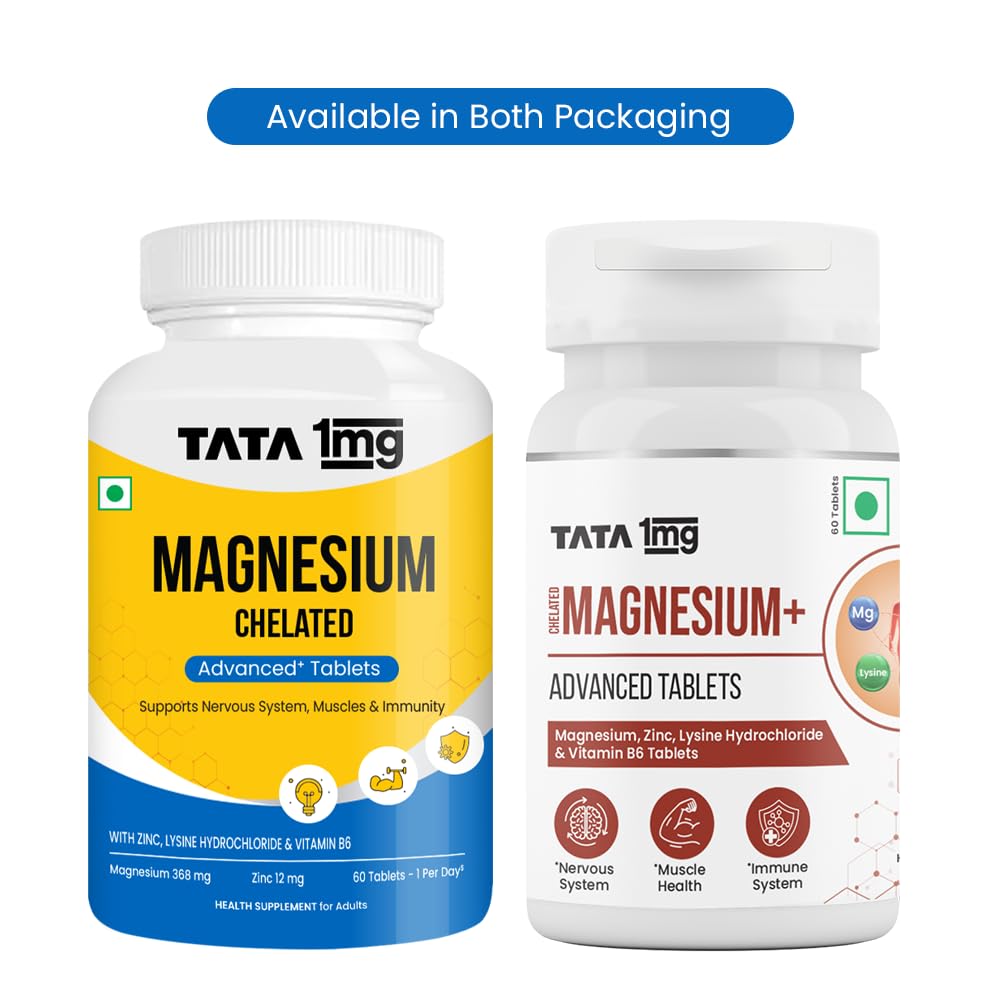 TATA 1MG Chelated Magnesium Plus Tablets with Zinc & Vitamin B6-60 Tablets | High Absorption Magnesium Supplement for Women & Men | Supports Nervous System, Muscle Recovery & Immunity