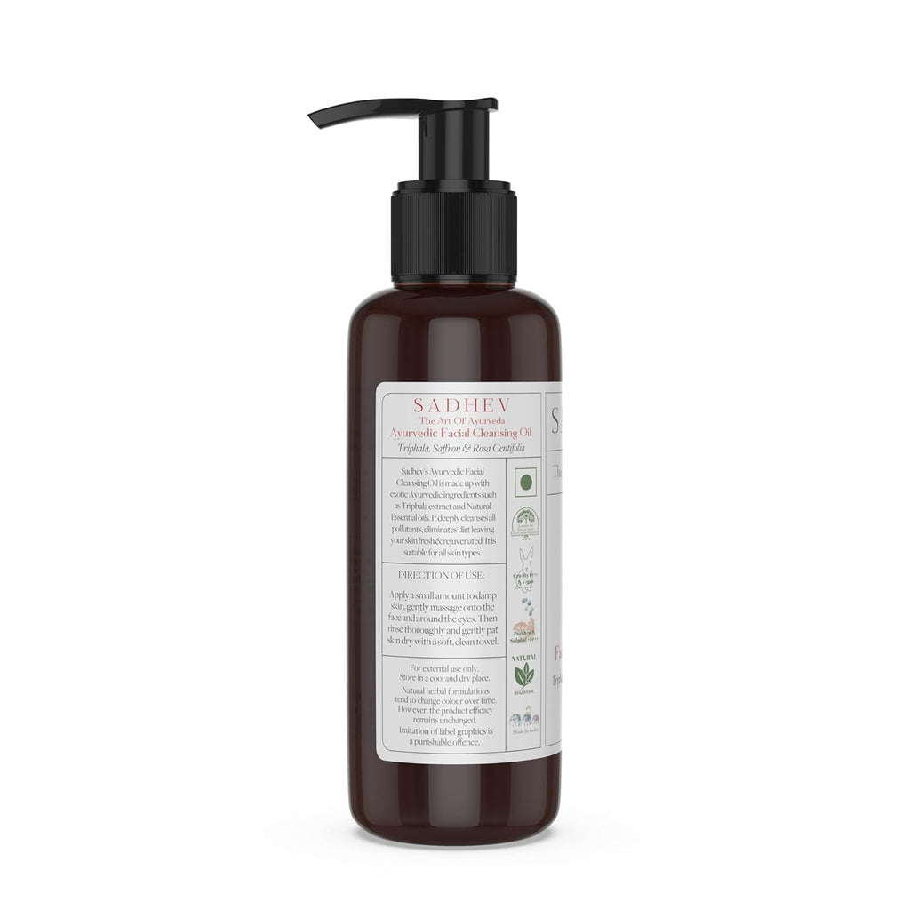 Sadhev Ayurvedic Facial Cleansing Oil With Triphala, Safron, and Rosa Centifolia for Removing Makeup, Hydrating and Moistuizing Cleanser Suitable For All Skin Types