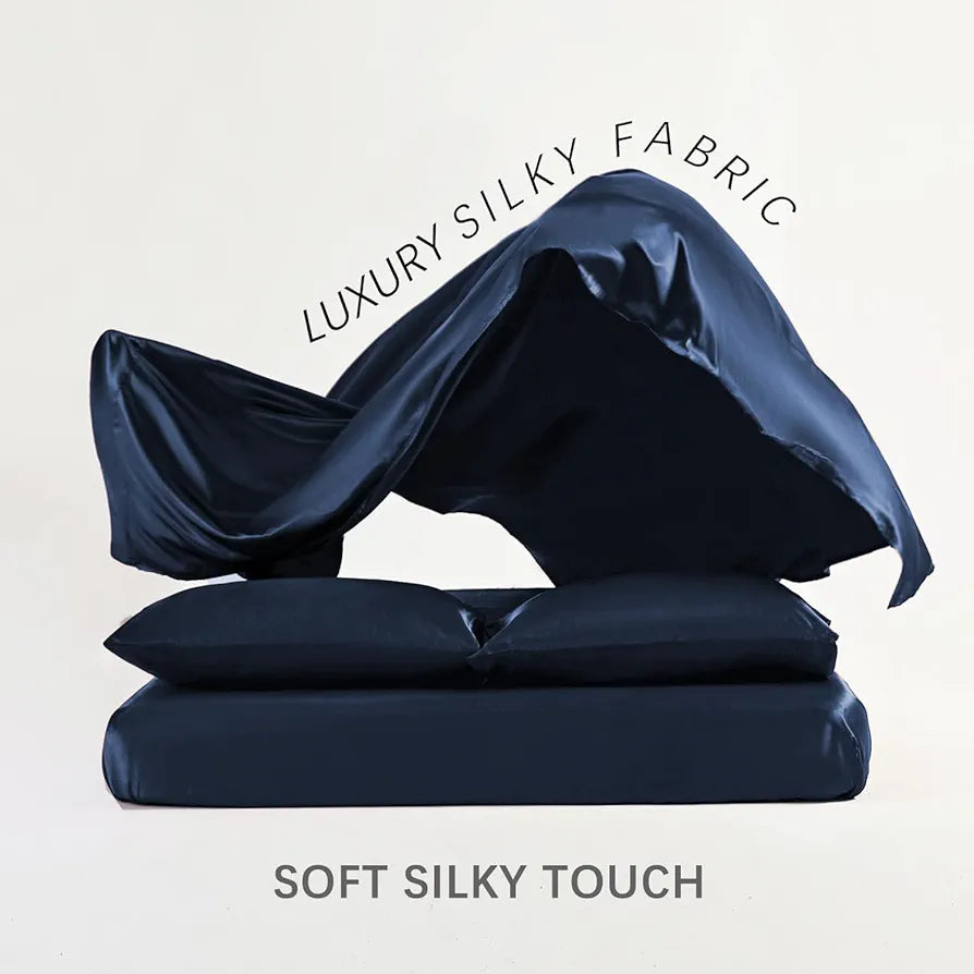 Cloth Fusion Satin Bedsheet for Queen Size Bed Set of 1 & 2 Pillow Covers H603 115 TC Navy