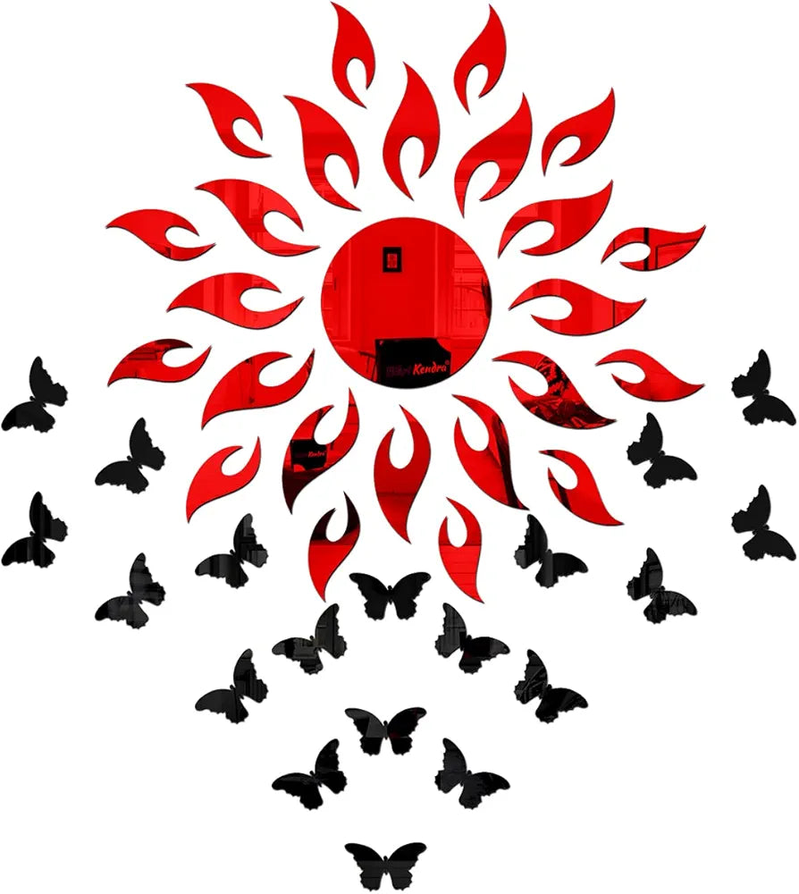 Bikri Kendra Sun Red with 20 Black Butterfly 3D Acrylic Mirror Stickers for Wall