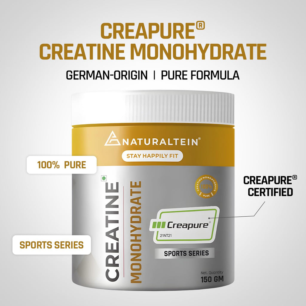 NATURALTEIN Creatine Monohydrate (CreapureÂ®) â€“ 150 g | Increases Strength, Muscle Size & Endurance | Unflavoured, Vegan & Pure Micronized Creatine | Fast Recovery & Enhanced Performance