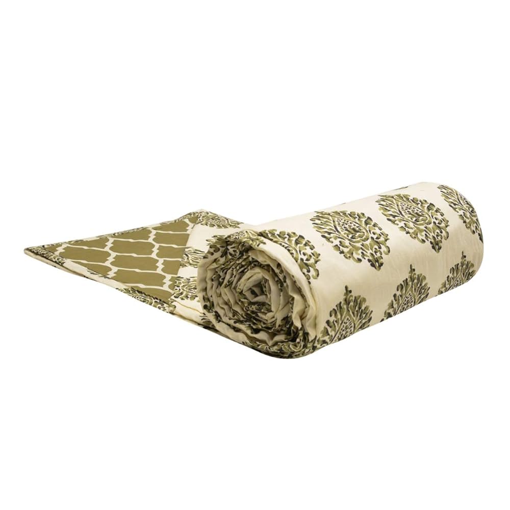 Trance Home Linen 150 GSM Pure Cotton Reversible Dohar Single Bed Size AC Blanket Comforter Soft Light-Weight Bed Blanket 56 x 88 inch Colour Damask Forest Green