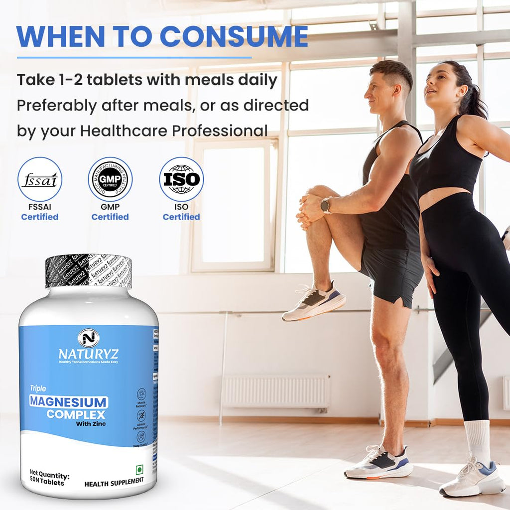 NATURYZ Triple 3-in-1 Magnesium Complex 1736mg (Glycinate, Aspartate & Oxide) with Zinc for Maximum Absorption | Supports Stress Relief, Sleep, Muscle Recovery, Nerves, Joints & Cognition - 50 Tablets