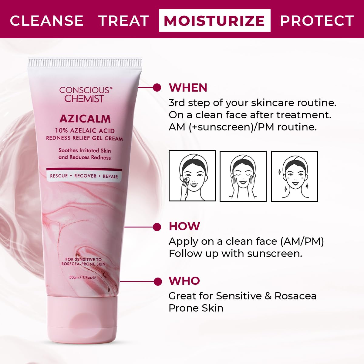 Conscious ChemistÂ® 10% Azelaic Acid Cream | 50g | Face Cream for Men & Women, Moisturizer for Acne Prone Skin, Redness Relief, Soothe Irritation & Inflammation, All Skin Types - Azicalm