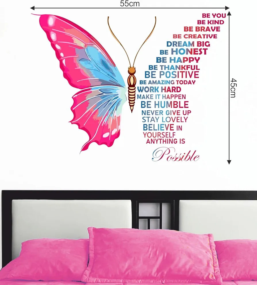 Decal O Decal Vinyl Butterfly with Motivational Quotes Wall Stickers self-adhesive 90 cm Pink Butterfly with Life Improvement Positiv