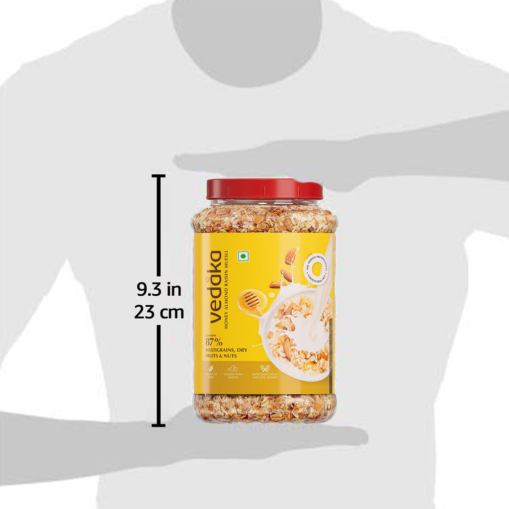 Vedaka Honey Almond Raisin Muesli | 1 Kg | Jar | Sweetened with Natural Honey | Contains 87% of Dry Fruits, Nuts and Multigrains | Source of Fiber | No Added Preservatives