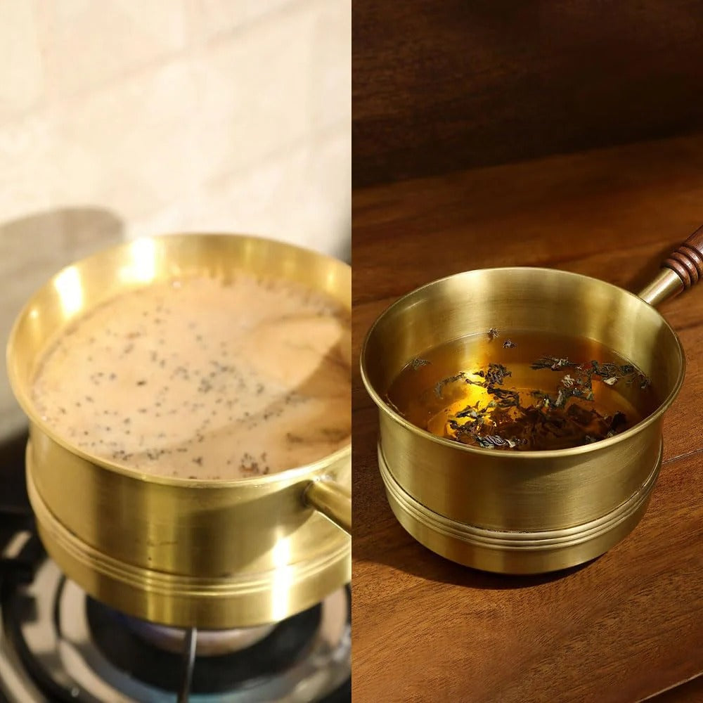 Ellementry Arra Brass Tea Pan 750ml with Wooden Handle Induction Sauce Pan Chai Milk Pot