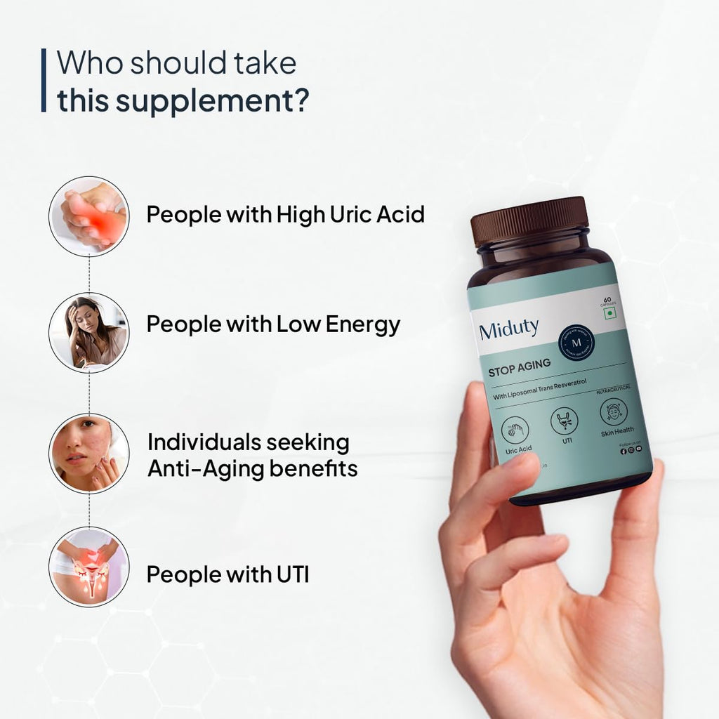 Miduty Stop Aging Powerful Antioxidant Formula to Slow Down Aging, Anti Aging Supplement for Youthful Skin - Anti Aging Capsules, Resveratrol Active Ingredient - Pack of 60