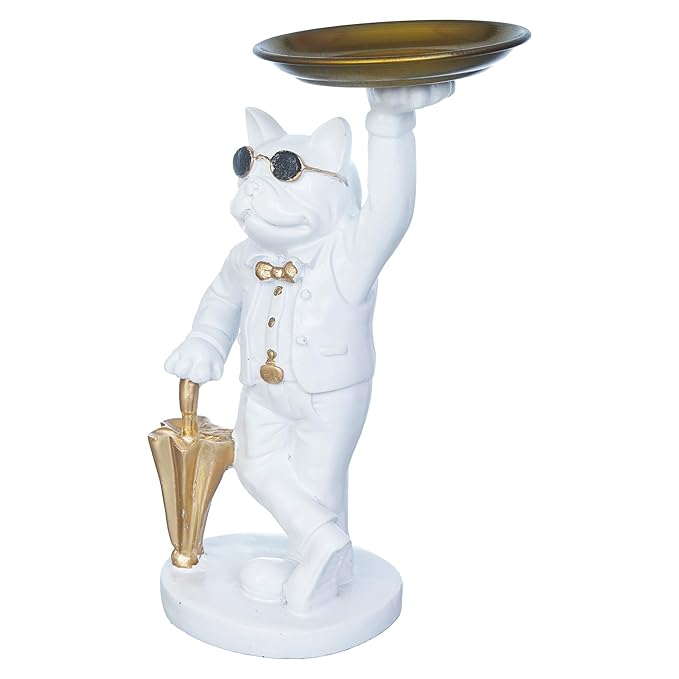 Ecraftindia White Bulldog Statue in Glasses Holding Golden Umbrella and Tray in Hands Table Top Decorative Showpiece